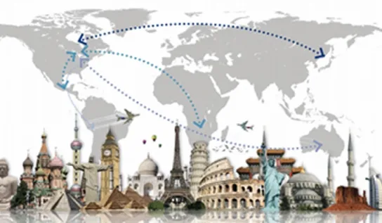 A collage of multiple major cities around the world, with a map of the world in the background.