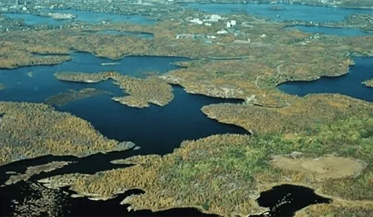 a drone image of the lakes in the lake laurentian area