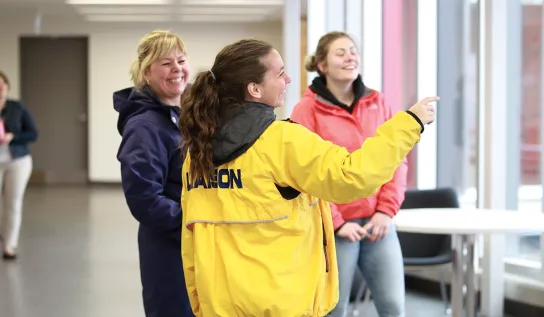 A Laurentian University tour guide giving a campus tour.