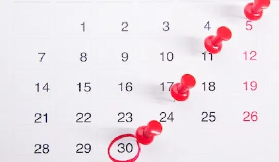 A picture of a calendar with red pushpins next to certain dates and a red circle around the last day of the month.