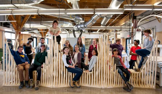 Students around a wooden structure.