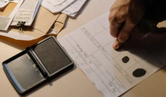Fingertips with ink on them being pressed against paper