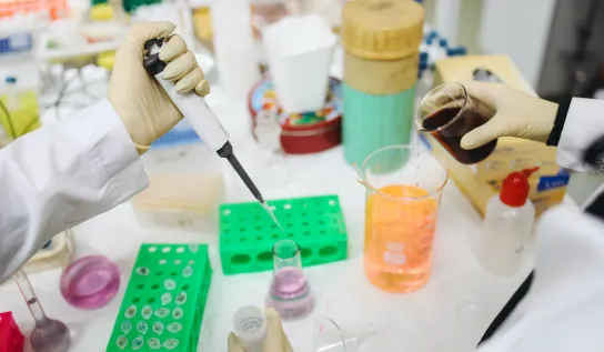 Pipetting purple substance into erlenmeyer flask and pouring into orange beaker