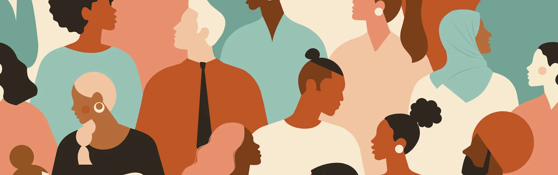 Illustration of people of different races and ethnicities, looking toward one another.