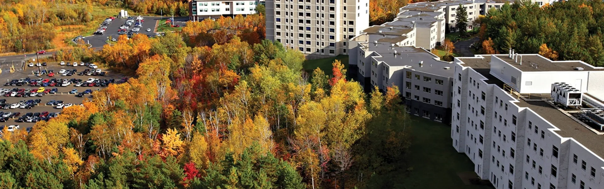 An aerial view of Laurentian University's residences in the Fall.