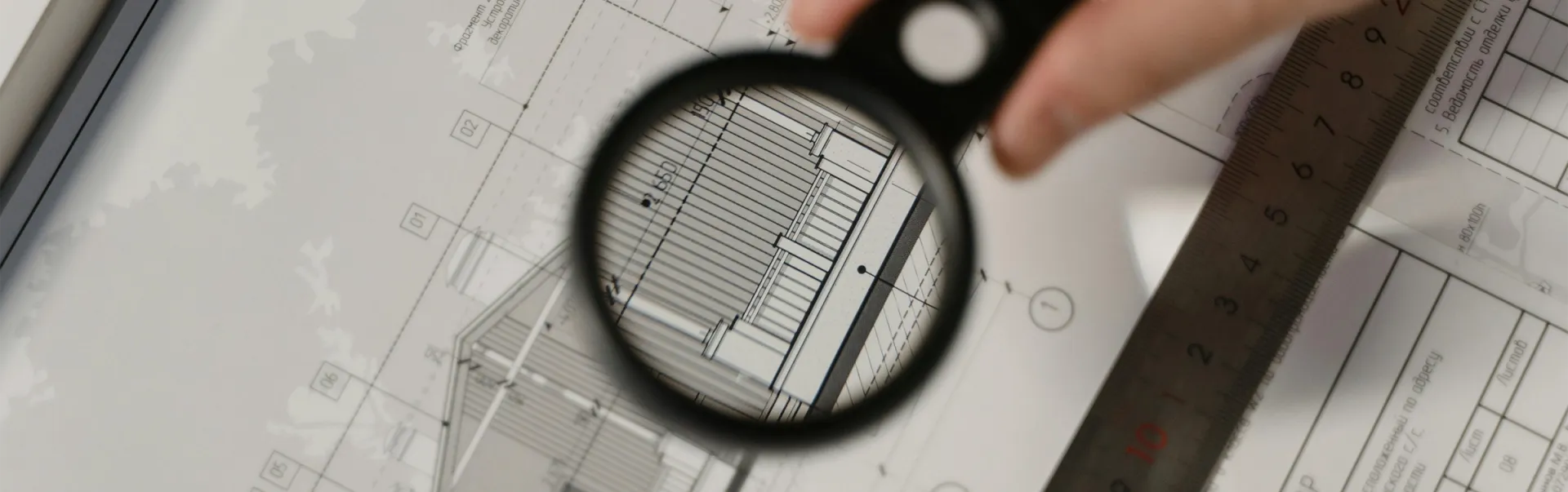 Someone looking at a blueprint with a magnifying glass.