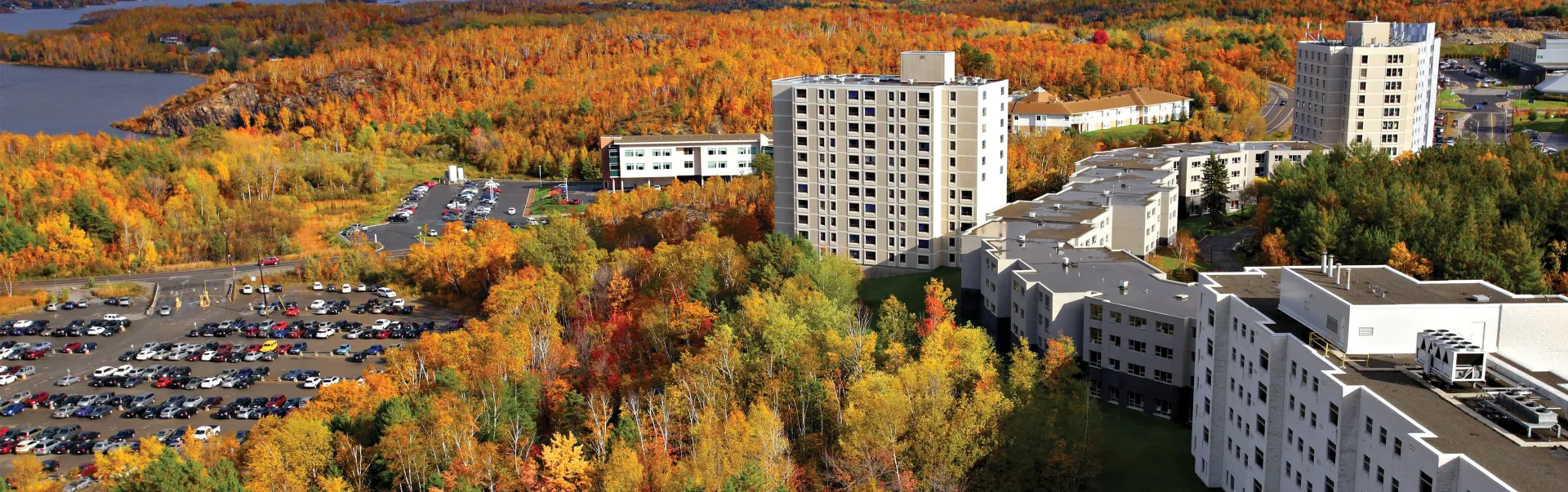 An aerial shot of the Laurentian University residences in the Fall.