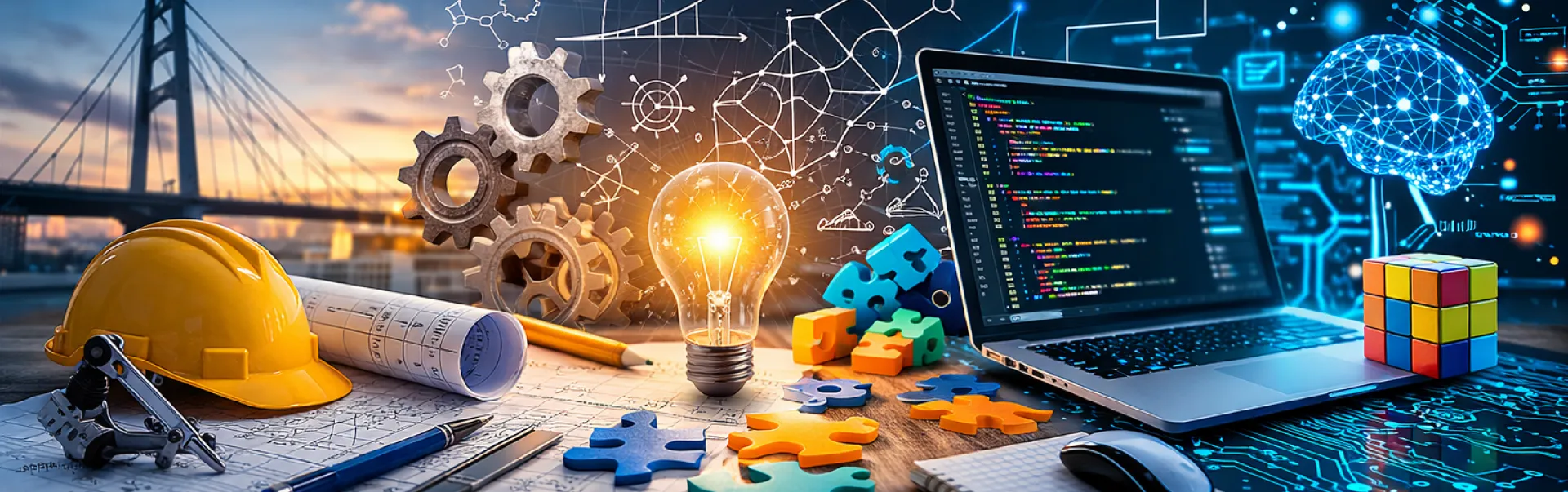 Engineering themed with hard hat, puzzle pieces, brain, computer, bridge.