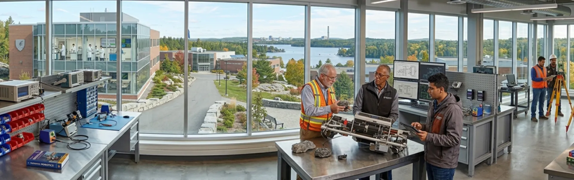 People doing research in a big room with windows overlooking a lake