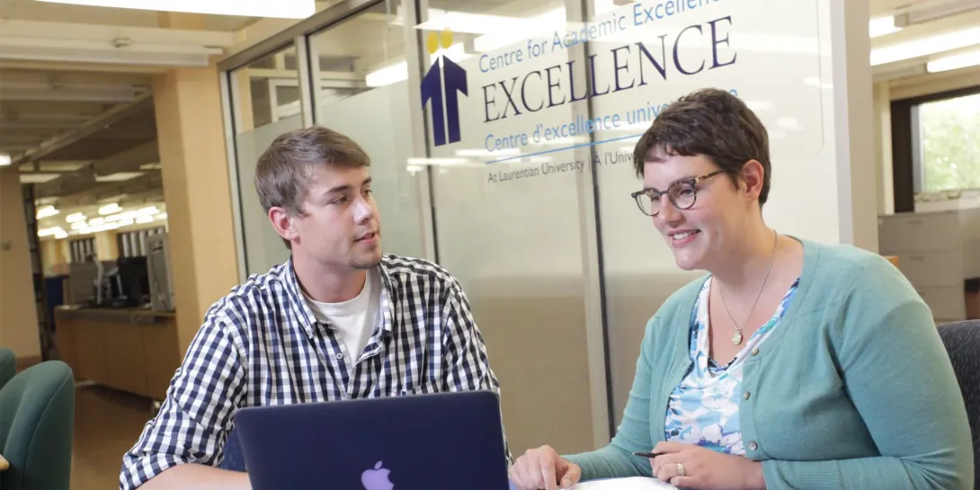 a student and staff member sit in front of the centre for academic excellence, looking at a computer