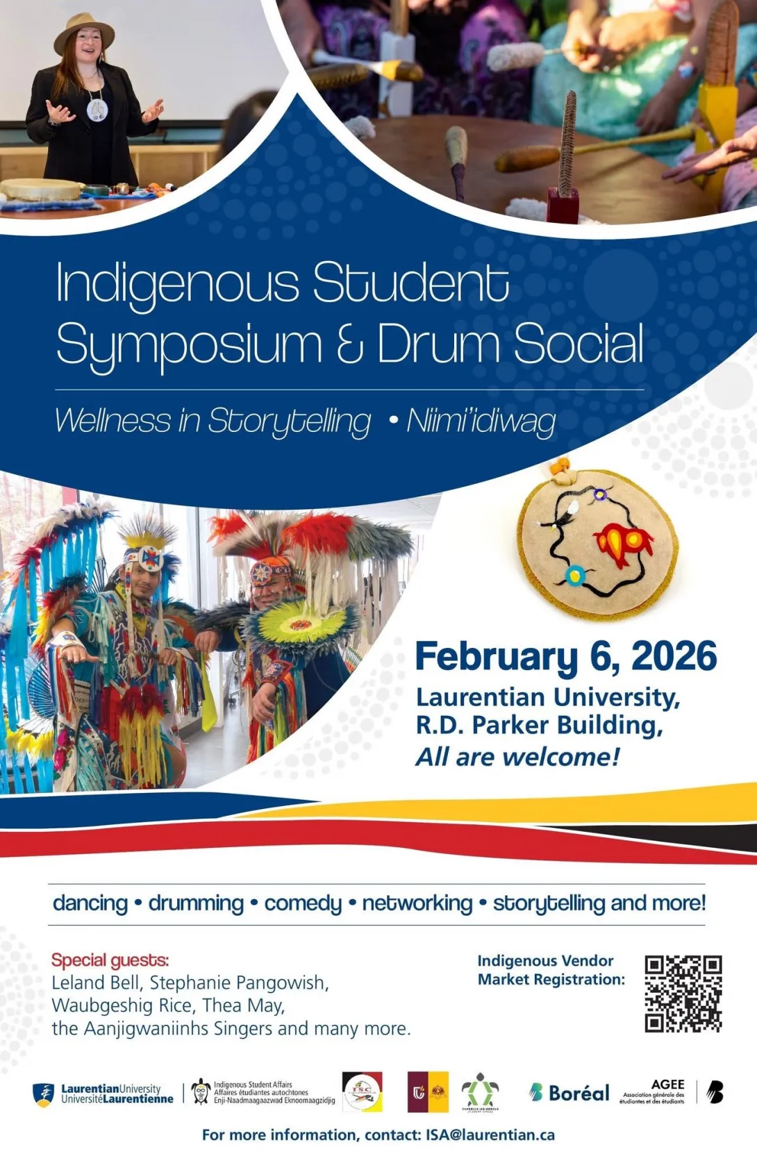 Promotional graphic for the Indigenous Student Symposium, Wellness in Storytelling, featuring a collage of Indigenous presenters and dancers.