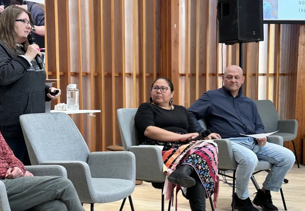 Members of the Treaty research team (Dr. Elizabeth Carlson-Manathara, Nicole Wemigwans and Neil Jones) presenting during a Treaty Week panel at Laurentian University.