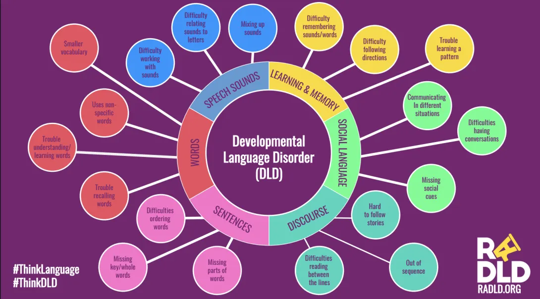 Diagram showing how developmental language disorder can affect vocabulary, speech sounds, verbal memory, sentence structure, storytelling, and social communication, including following instructions and understanding social cues.