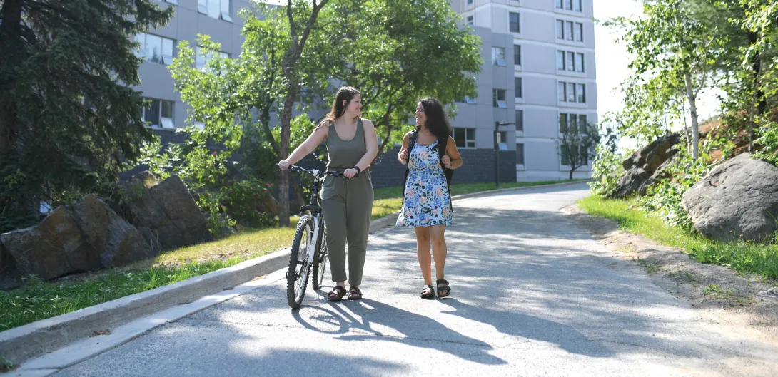 Deux personnes marchant ensemble sur un chemin, l'une d'entre elles portant un vélo. 